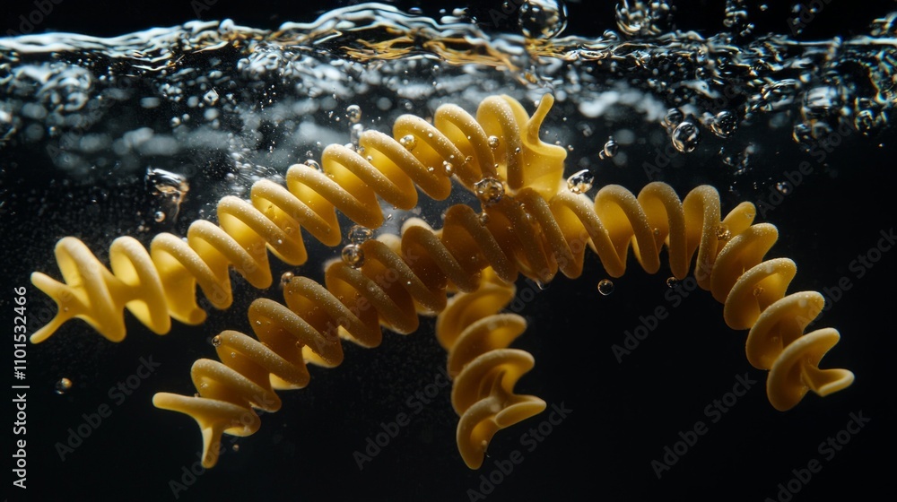 Poster pasta spirals float separately underwater highlighting their unique shapes and textures. dark backgr