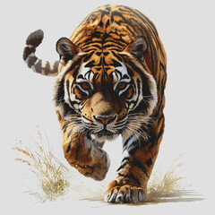 Obraz premium Detailed and Vivid Illustration of a Tiger in a Natural Pose on a White Background, Perfect for Wildlife and Nature-Themed Projects and Designs