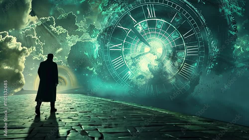 Aufkleber a solitary figure in a long coat strolls along a cobblestone pathway. the backdrop features an expan