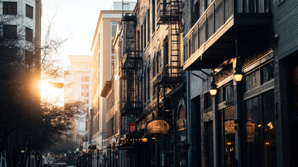 Fototapeta premium City street scene at sunset with historic brick buildings, fire escapes, and warm glowing lamps. Trees and modern high-rise buildings contrast with the older architecture.