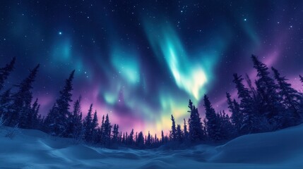 A stunning display of the northern lights illuminating a snowy landscape at night.