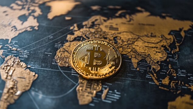 Golden bitcoin coin pictured on a global map representing cryptocurrency