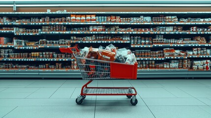 Shopping cart filled with various packaged food items in front of supermarket shelves stocked with diverse grocery products.