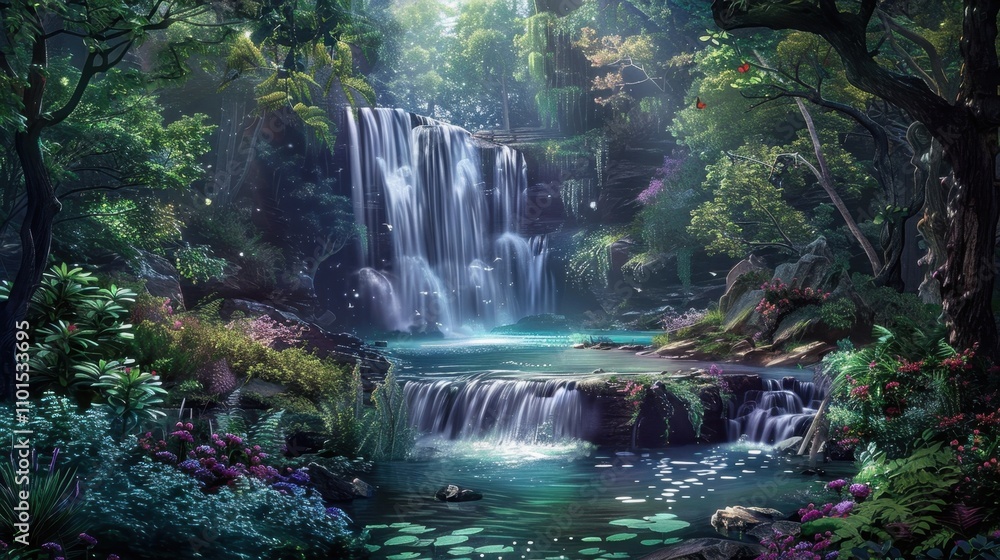 Poster a tranquil stream leading to a cascading waterfall a magnificent display of natures magic in the hea