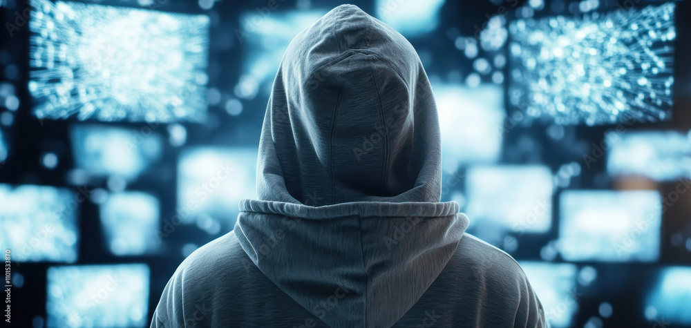 Aufkleber anonymous figure in hooded sweatshirt facing multiple glowing screens, creating mysterious atmospher