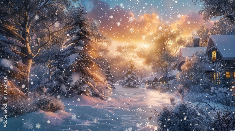 Poster the snowy landscape was transformed into a mystical wonderland with the trees and houses dd in shimm