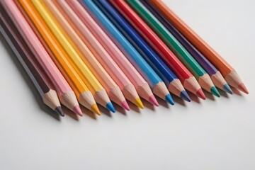 a close up of a group of colored pencils on a white surface