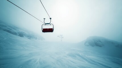 Misty Ski Resort Scene with Empty Chairlift on a Snowy Mountain in the Background Capturing the Essence of Winter Adventure and Outdoor Sports in a Serene Landscape