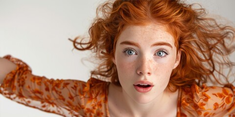 emotional red-haired girl holds her hands near her head on isolated light background