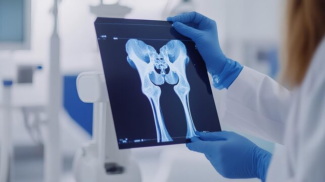 Radiologist conducting a detailed bone scan using advanced scintigraphy equipment, bone scan radiology, nuclear imaging
