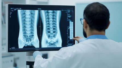 Radiologist conducting a detailed bone scan using advanced scintigraphy equipment, bone scan radiology, nuclear imaging