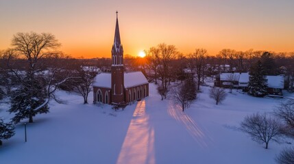 Serene Winter Sunrise Over Historic Church Surrounded by Snow-Covered Landscape with Tall Trees and Warm Light Melting in the Cold Morning Air