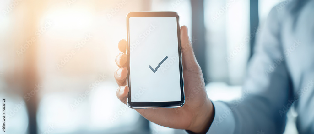 Aufkleber close up of smartphone screen displaying approval checkmark, symbolizing success and confirmation in