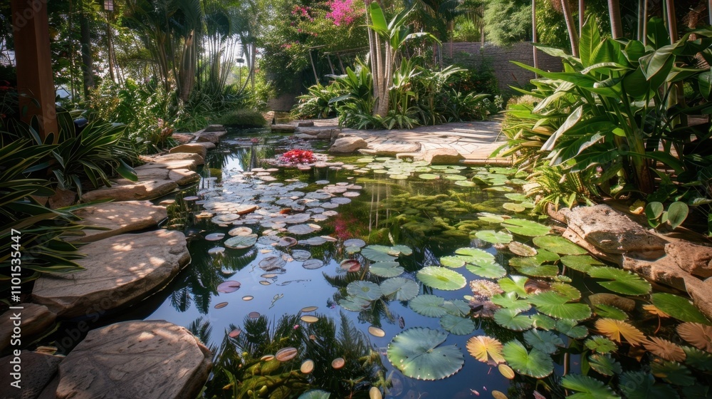 Aufkleber the sound of trickling water draws you deeper into the heart of the garden where a shimmering pool i