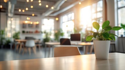 Plant on a Wooden Table in a Sunlit Office Setting