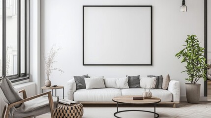 Minimalist Living Room with White Sofa and Large Framed Artwork