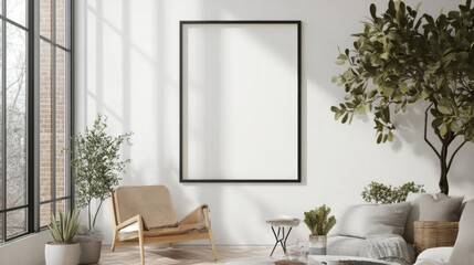 Modern Living Room Interior with Empty Frame and Plants
