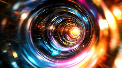 Obraz premium Abstract swirling neon light tunnel with glowing center