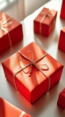 Close-up, red Christmas gift boxes of varying sizes. Elegant golden ribbons gracefully wrap around the side of boxes.