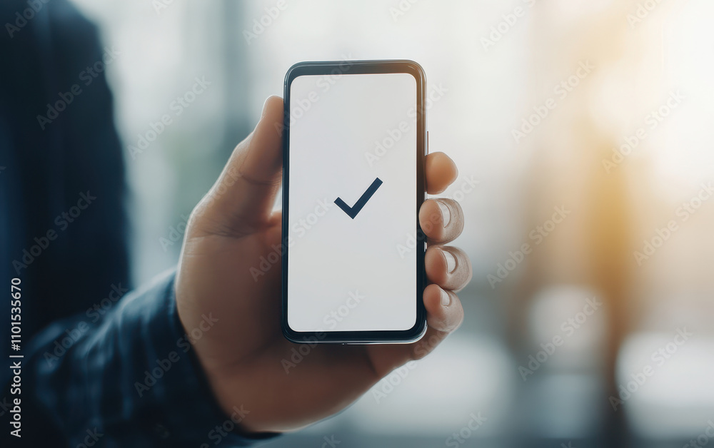 Poster close up of hand holding smartphone displaying checkmark, symbolizing success and completion. backgr