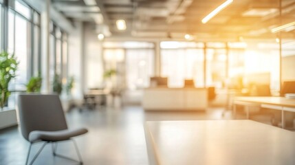 Empty chair and table in a blurred modern office with sunlight streaming in