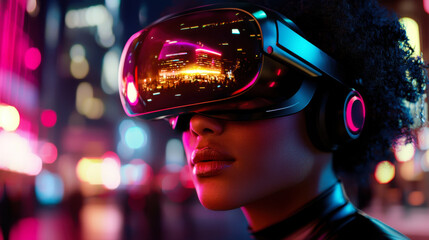 Futuristic virtual reality gamer with immersive headset in neon city