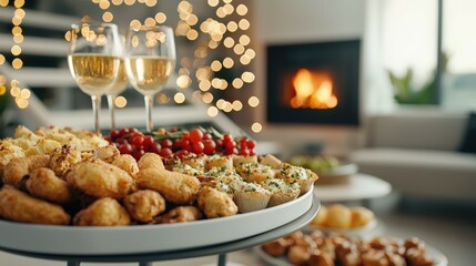 Obraz premium Cozy Indoor Party Setting with Delicious Food Platter, Sparkling Wine, and Warm Fire in Background