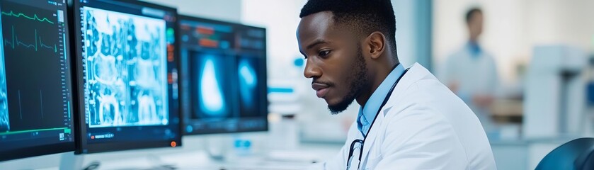 Obraz premium Radiologist using predictive analytics to assess imaging data trends, predictive radiology, data-driven healthcare