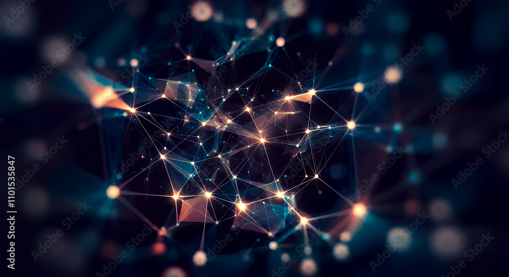 Poster abstract network connection: glowing nodes and lines in dark space