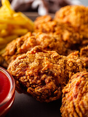 Crispy Fried Chicken with Golden French Fries, Delicious American Fast Food Meal, Hot and Crunchy