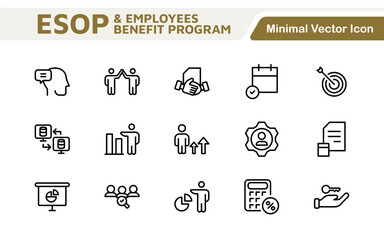 Outline icons about ESOP employee stock ownership plan. Contains such icons as company, win-win, scheme and benefits.