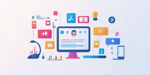 Flat vector illustration of customer service tools, including chat, phone, and headset, with a smiling representative.