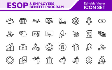 Outline icons about ESOP employee stock ownership plan. Contains such icons as company, win-win, scheme and benefits.