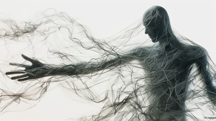 Fototapeta premium A conceptual image of a human figure depicted in abstract lines, extending an arm into the void. The ethereal textures suggest movement and a fusion with the environment, creating a surreal atmosphere