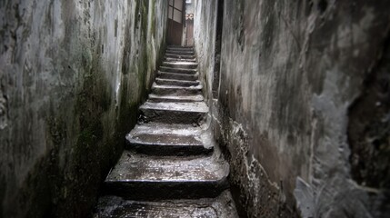 Obraz premium Alley: A small, narrow path between buildings, often used by pedestrians to cut through or to access rear entrances, typically in city or town settings. 