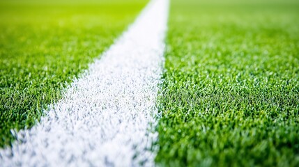 Close-up view of a white line on a green football, soccer or sports field.