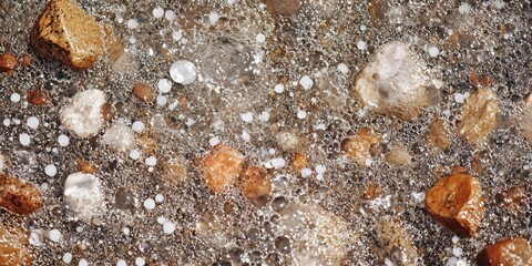 Hailstones hitting the ground with small splashes, captured up-close in a city environment.