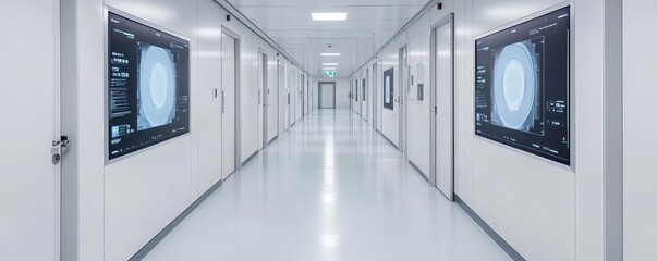 Radiology department hallway with digital posters displaying imaging advancements, radiology hallway, modern healthcare