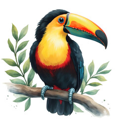 Colorful Toucan Bird perched among Green Leaves Tropical Forest Illustrative Art Vibrant Environment Close-up View Nature Conservation Concept