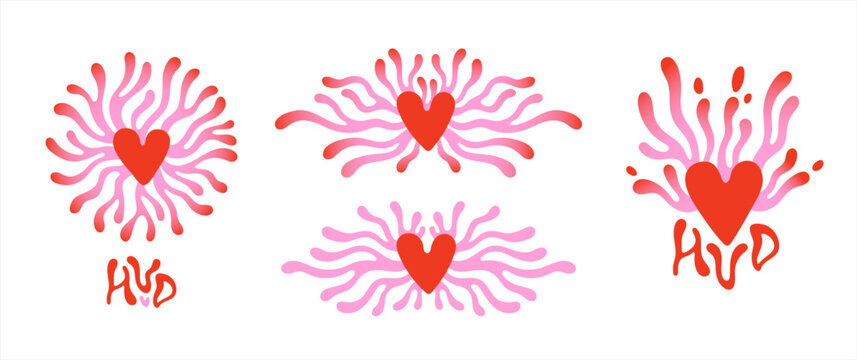 Valentine's day modern surreal groovy design elements, dividers, heart illustrations, hand drawn templates set. Hearts with fluid organic lines, tentacles, blob wavy round radial shape. HVD lettering