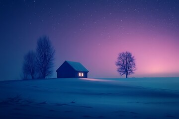 A cozy house glows under a starry winter sky.