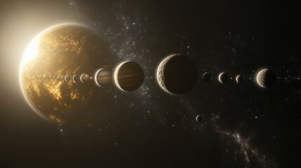 Naklejka premium Depict a celestial alignment with several planets and the moon in a straight line.