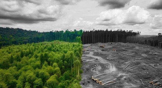 Deforestation A Vivid Contrast of Green Forest and Gray Destruction