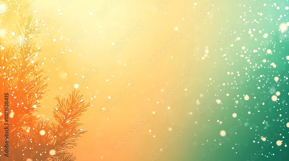 Poster festive fir branches with glowing bokeh on a gradient background.