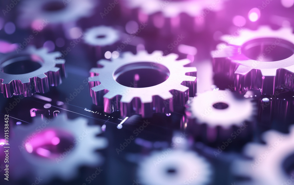 Poster highly detailed interlocking gear mechanisms with vibrant purple hue create dynamic and intricate in