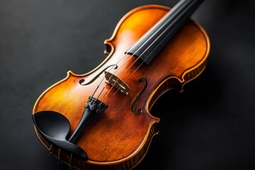 Fototapeta premium Close-up view of a beautiful wooden violin, a classic musical instrument for concerts and performances.