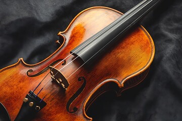 Fototapeta premium Close-up view of a classic violin resting on a dark fabric background, showcasing its rich wood grain and exquisite craftsmanship.