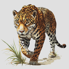 Obraz premium Detailed Illustration of a Jaguar Walking in the Wild, Isolated on a White Background, Perfect for Nature and Wildlife Thematic Designs