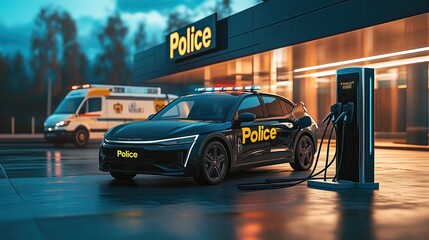 Police electric vehicle or ambulance at dedicated emergency services charging station. 