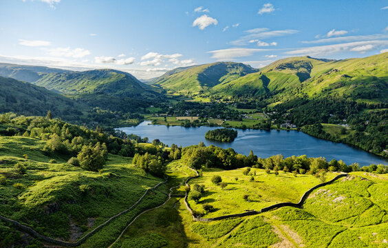 Grasmere lake and valley, Lake District National Park, England. North from above High Close toward Helm Crag, Dunmail Raise, Seat Sandal and Fairfield